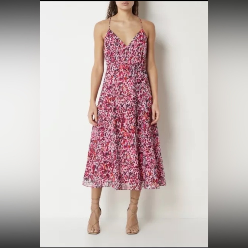REISS Pippa Floral Printed Chiffon Lined Midi Dress Side Slit Pink Size 12